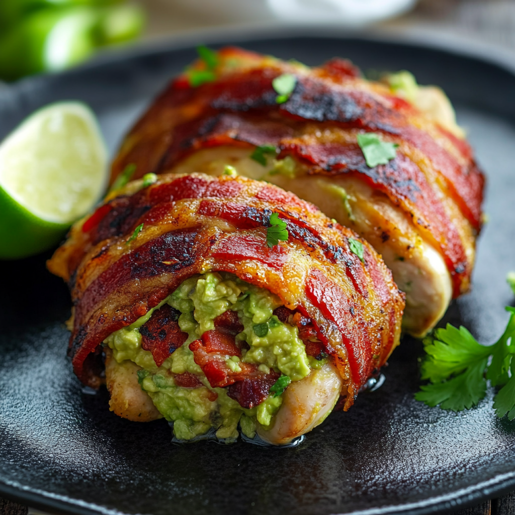 Bacon-Wrapped Guacamole Stuffed Chicken.