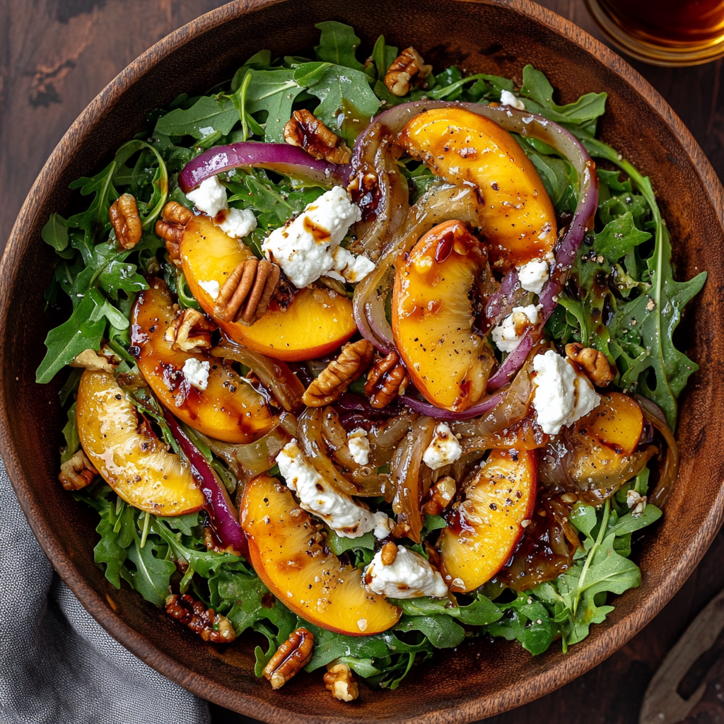 Caramelized Onion & Peach Arugula Salad